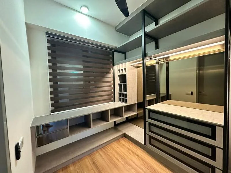 Room features: built-in shelving, grey laminate cabinetry, light wood flooring, striped roller blinds, recessed ceiling lights, mirror panel, countertop with integrated lighting, open storage compartments; style: modern.