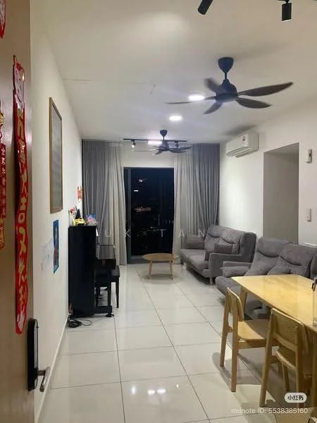 Living features: white painted walls, glossy tile flooring, 5-blade ceiling fan with light, sofa in grey fabric, wooden dining table, 4 dining chairs, piano, floor-to-ceiling windows with curtains, air conditioning unit, decorative wall art, area rug; style: modern; view: city.