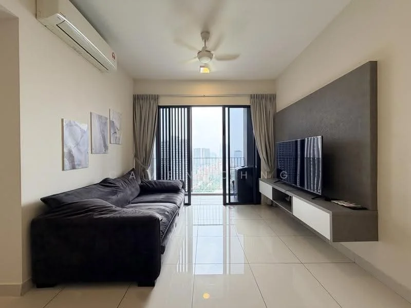 Living features: 3-seater fabric sofa in dark grey, wall-mounted TV, TV console in white, floor-to-ceiling windows, sliding glass door, curtains, ceiling fan, recessed downlights, glossy tile flooring, decorative wall with grey paneling, city view, air conditioning unit; style: modern; view: city.