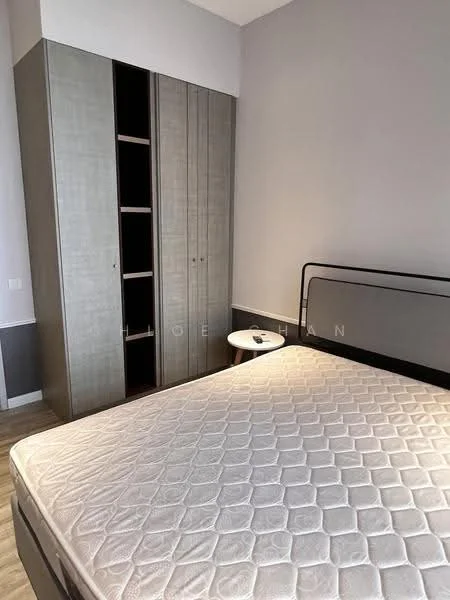 Bedroom features: queen-size bed with mattress, grey upholstered headboard, built-in wardrobe with sliding doors, light grey walls, wooden flooring, nightstand, single bedside lamp, window with no visible treatment; style: modern.