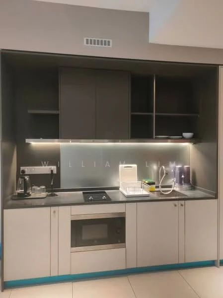 Kitchen features: grey cabinetry, white countertop, built-in oven, stainless-steel cooktop, chrome pull-down faucet, single-bowl stainless-steel sink, under-cabinet lighting, open shelving, microwave, dish rack; style: modern.