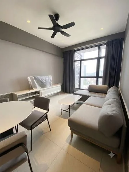 Living features: 5-blade ceiling fan in black, floor-to-ceiling windows, grey fabric sectional sofa, light wood coffee table, white round dining table, 4 dining chairs, light-coloured tiled flooring, grey painted walls, curtains in dark grey; style: modern; view: city.