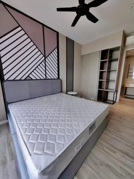 Bedroom features: queen-size bed, upholstered headboard, ceiling fan, wooden flooring, built-in wardrobe, decorative accent wall with geometric pattern, side table, natural light from window; style: modern.