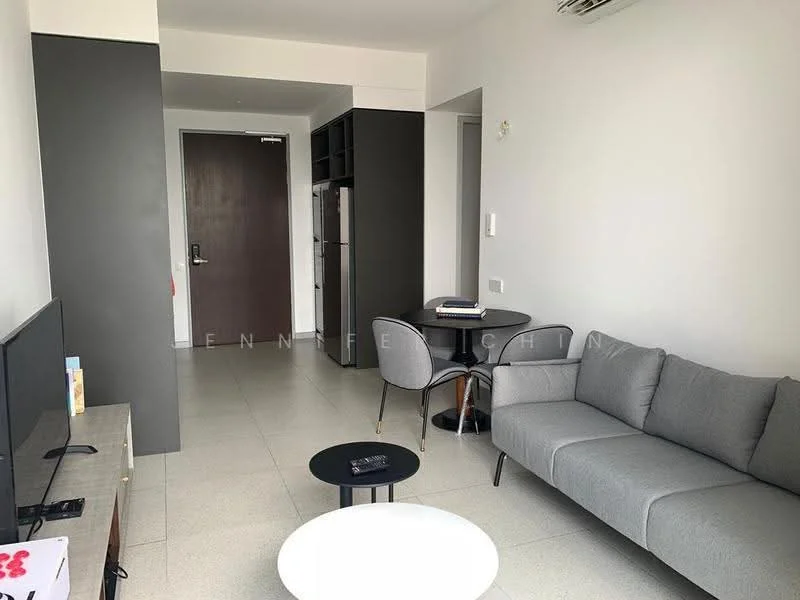 Living features: grey fabric sofa, round black coffee table, flat-screen TV on console, light grey tiled flooring, wall-mounted air conditioning unit, dark accent wall, open layout, dining table with black chairs, floor-to-ceiling windows, neutral painted walls; style: modern.