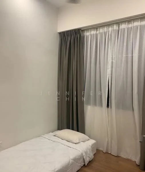 Bedroom features: white painted walls, wooden flooring, floor-to-ceiling windows, sheer curtains, blackout curtains, single bed, pillow, minimalist decor; style: minimalist.