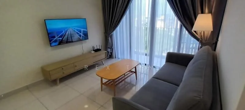 Living features: grey fabric sofa, wooden coffee table, TV console with drawers, wall-mounted flat-screen TV, floor-to-ceiling windows, sheer curtains, recessed lighting, ceramic tile flooring, decorative wall art, router on console; style: modern.