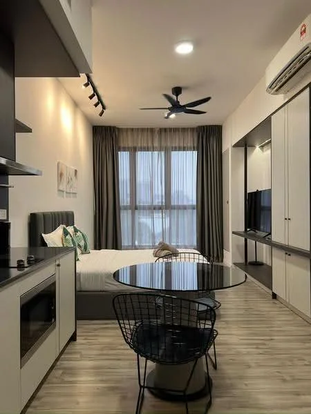 Living features: queen-size bed, upholstered headboard, 2 bedside pillows, black ceiling fan with light, wall-mounted TV, TV console, glass dining table, black wire dining chairs, wooden flooring, floor-to-ceiling windows with sheer curtains, recessed downlights, decorative wall art; style: modern; view: city.