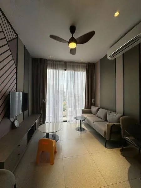 Living features: 3-seater fabric sofa in grey, coffee table with round top, TV console, wall-mounted TV, floor-to-ceiling windows, sheer curtains, 5-blade ceiling fan with light, wall-mounted air conditioning unit, decorative wall with geometric pattern, tile flooring; style: modern; view: city.