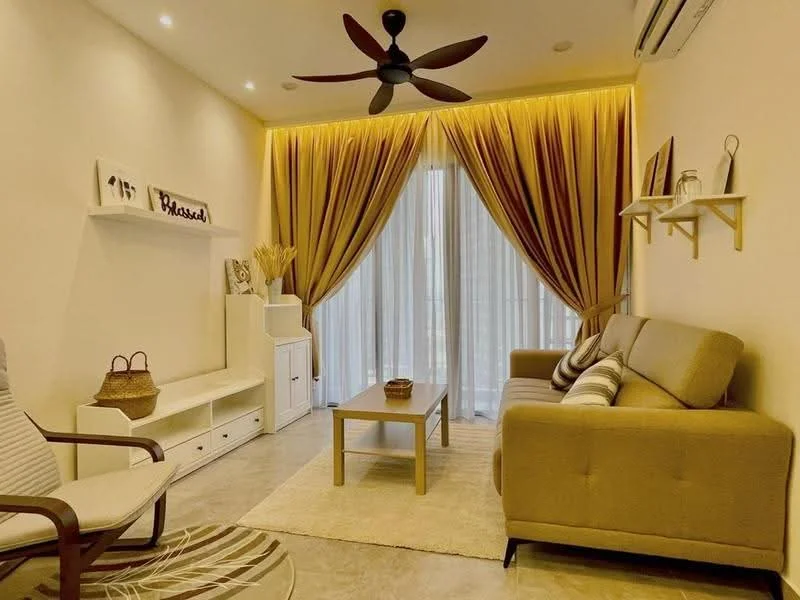 Living features: beige fabric sofa, 3-seater sofa, wooden coffee table, area rug, floor-to-ceiling windows, sheer curtains, striped drapes, ceiling fan with light, wall-mounted shelf, decorative items on shelf, light-colored walls, tile flooring, decorative wall art; style: modern.