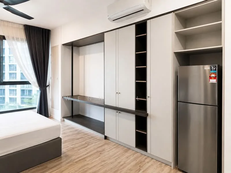 Bedroom features: queen-size bed, built-in wardrobe with sliding doors, open shelving unit, desk area with wall-mounted surface, stainless-steel fridge, wooden flooring, floor-to-ceiling windows, curtains, wall-mounted air conditioning unit; style: modern; view: city.