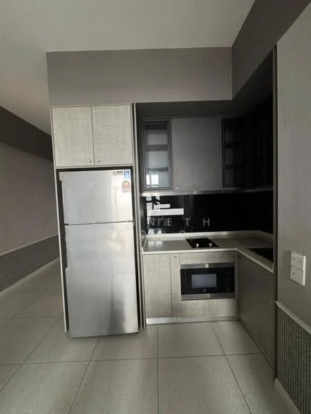 Kitchen features: stainless-steel fridge, built-in microwave, black countertop, grey cabinetry, single-bowl stainless-steel sink, chrome pull-down faucet, black backsplash, ceramic tile flooring, recessed downlights; style: modern.