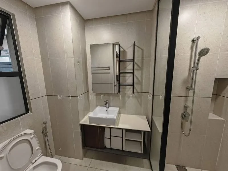 Bathroom features: white ceramic toilet, single-sink vanity with wood cabinet, square ceramic sink, chrome basin mixer faucet, framed mirror, wall-mounted shelving unit, shower with handheld showerhead, glass shower enclosure, tile cladding on walls, grey tile flooring; style: modern.