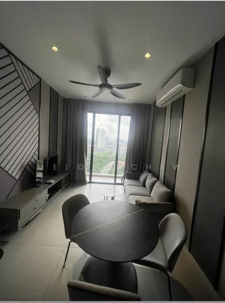 Living features: 5-blade ceiling fan with light, wall-mounted TV, grey fabric sofa, round dining table, upholstered dining chairs, large floor-to-ceiling windows, air conditioning unit, light grey tile flooring, decorative wall with geometric pattern, recessed downlights; style: modern; view: city.