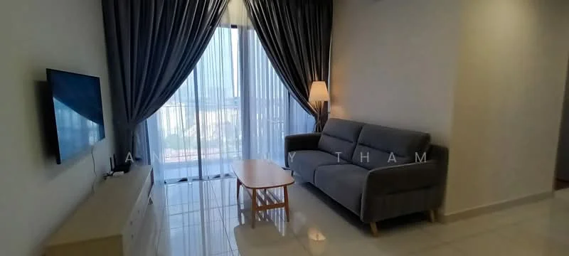 Living features: grey fabric sofa, wooden coffee table, floor-to-ceiling windows, sheer curtains, blackout curtains, wall-mounted TV, TV console, recessed downlights, glossy tile flooring, lamp beside sofa; style: modern; view: city.