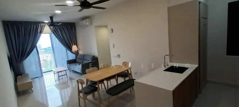 Living features: 3-seater fabric sofa in grey, wooden dining table for 4, 4 dining chairs, kitchen island with sink, white countertop, wood cabinetry, recessed downlights, floor-to-ceiling windows, curtains in grey, marble tile flooring, ceiling fan with light, wall-mounted TV, decorative lamp, view of city skyline; style: modern; view: city.