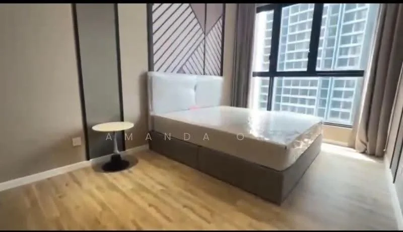 Bedroom features: queen-size bed, upholstered headboard, wooden flooring, floor-to-ceiling windows, sheer curtains, decorative wall with geometric pattern, nightstand, lampshade on nightstand; style: modern; view: city.