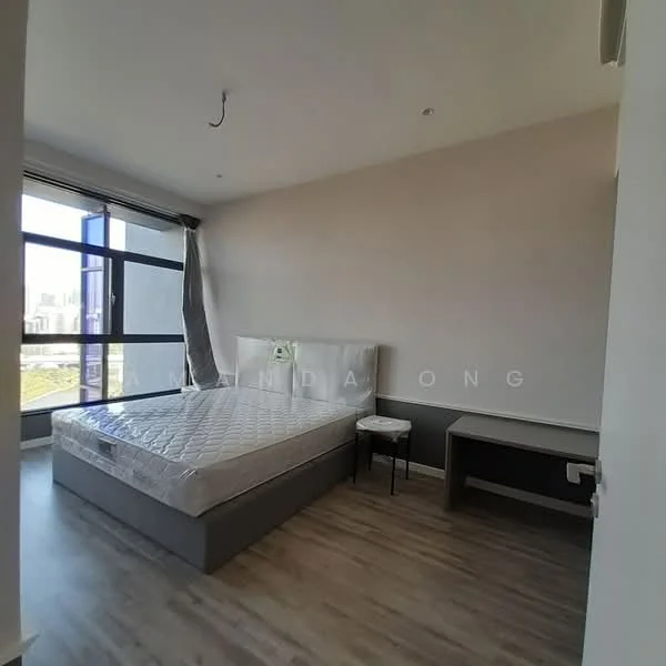 Bedroom features: queen-size bed, mattress, wooden flooring, large window with city view, curtains, study desk, chair, light fixture, neutral wall color; style: modern; view: city.