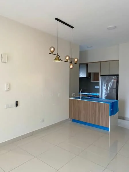 Kitchen features: pendant light fixture with multiple bulbs, kitchen island with blue protective covering, wood cabinetry, stainless-steel fridge, ceramic tile flooring, white painted walls, recessed ceiling lights, open layout, countertop with overhang for seating; style: modern.