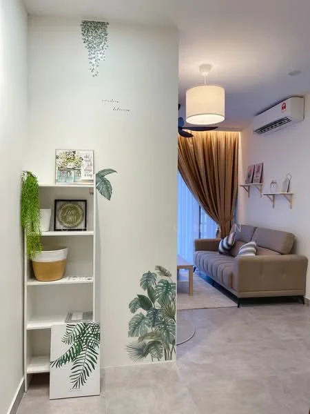 Living features: light beige fabric sofa, ceiling light fixture, wall-mounted air conditioning unit, decorative wall shelves, greenery wall decals, light grey tiled flooring, curtains in warm tones, decorative plant on shelf, white bookshelf with decorative items; style: modern.
