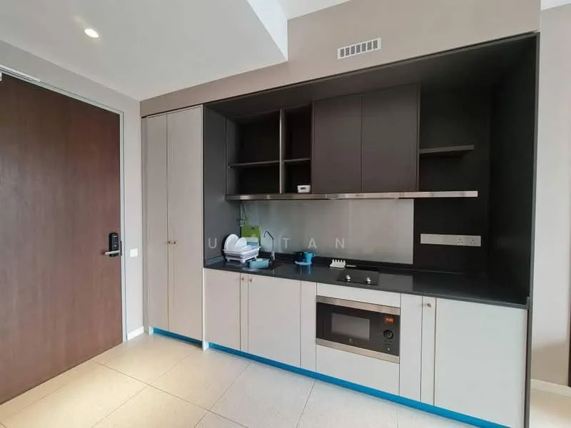 Kitchen features: black granite countertop, light grey cabinetry, dark grey upper cabinets, built-in microwave, stainless-steel sink, chrome faucet, kitchen appliances, tile backsplash, recessed lighting, open shelving, floor-to-ceiling cabinetry, ceramic tile flooring; style: modern.