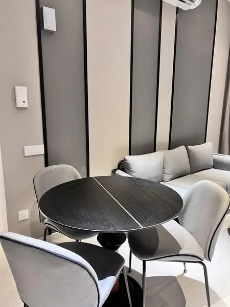 Dining features: round black dining table, 2 grey upholstered dining chairs, light grey walls, black vertical paneling, wall-mounted air conditioning unit, flooring with light tiles, decorative wall paneling; style: modern.