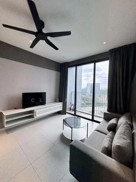 Living features: 3-seater fabric sofa in grey, glass coffee table, wall-mounted TV, TV console with storage, floor-to-ceiling windows, grey painted walls, light-colored tile flooring, 5-blade ceiling fan with light, curtains, balcony access; style: modern; view: city.