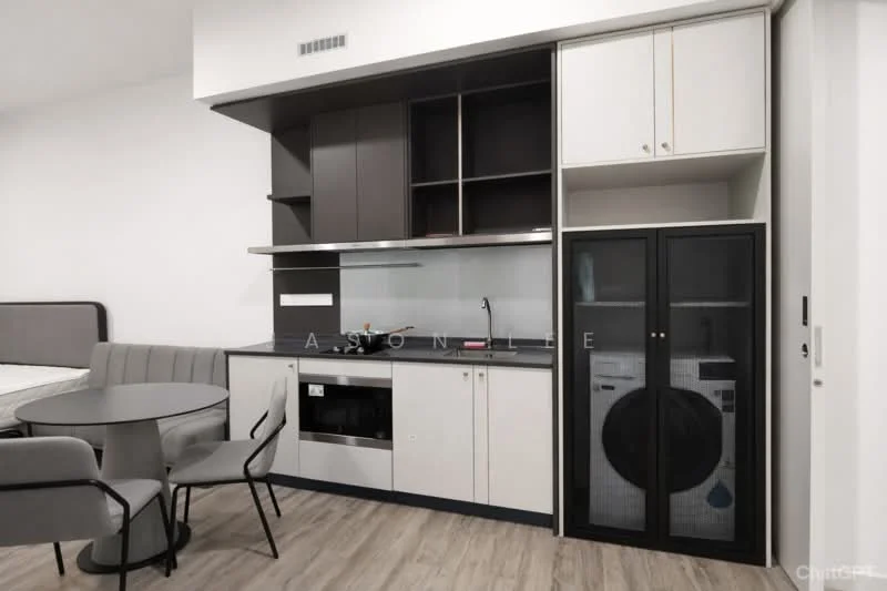 Kitchen features: grey cabinetry, white lower cabinets, stainless-steel sink, built-in oven, electric cooktop, microwave, refrigerator with glass door, washing machine, round dining table, 4 dining chairs, wooden laminate flooring, backlit countertop, open shelving; style: modern.