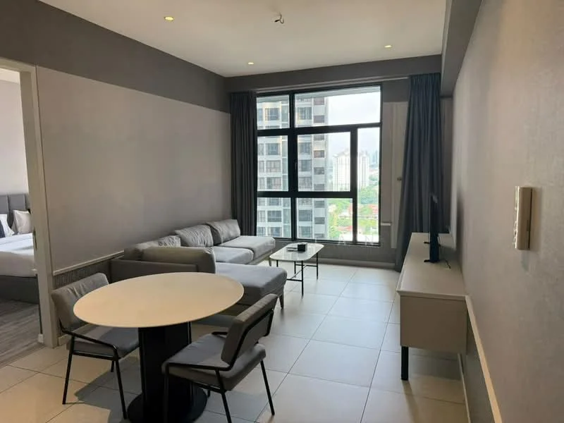 Living features: grey fabric sectional sofa, round white dining table, 4 upholstered dining chairs, wall-mounted TV, floor-to-ceiling windows, city view, light grey painted walls, recessed downlights, tile flooring; style: modern; view: city.