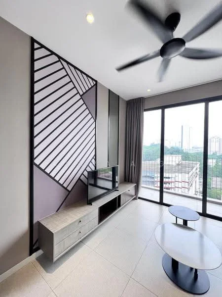 Living features: grey accent wall with geometric pattern, floor-to-ceiling windows, sliding glass door, curtains, ceiling fan, wall-mounted TV, TV console with storage, round coffee table, light-colored tiled flooring; style: modern; view: city.