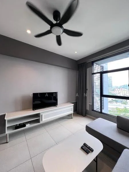 Living features: grey painted walls, floor-to-ceiling windows, sliding glass door, 5-blade ceiling fan with light, light-coloured TV console, wall-mounted TV, sofa in light grey, coffee table, area rug, curtains, remote control on coffee table; style: modern; view: city.