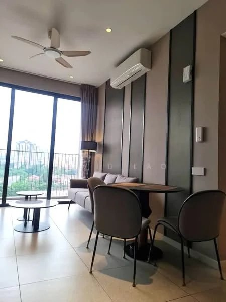 Living features: 3-seater fabric sofa in grey, round coffee table, 2 dining chairs, wall-mounted split AC, 5-blade ceiling fan, floor-to-ceiling windows, curtains, light-colored tile flooring, decorative wall panels, table lamp; style: modern; view: city.