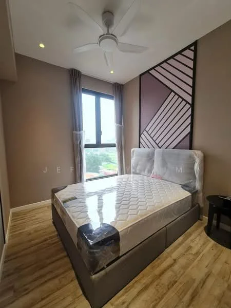 Bedroom features: queen-size bed with mattress, upholstered headboard, wooden flooring, 5-blade ceiling fan, floor-to-ceiling window, curtains, decorative wall with geometric pattern, nightstand; style: modern; view: city.