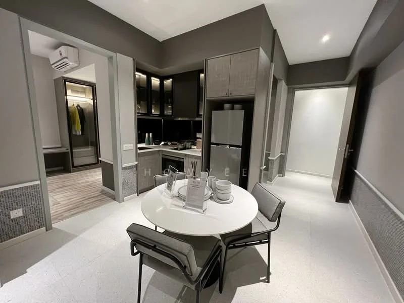Kitchen features: grey painted walls, white ceiling, recessed downlights, floor-to-ceiling cabinets in dark wood, stainless-steel fridge, white dining table, 4 grey dining chairs, open shelving, wooden flooring, kitchen island, black countertop; style: modern. Room features: light grey walls, white doors, wooden flooring.