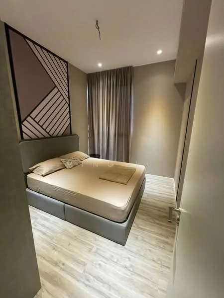 Bedroom features: queen-size bed, upholstered headboard, wooden flooring, floor-to-ceiling window with sheer curtains, decorative wall with geometric pattern, recessed downlights, bedside table, neutral wall color; style: modern.
