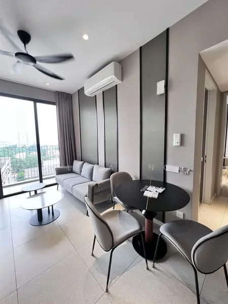 Living features: 3-seater fabric sofa in grey, ceiling fan, wall-mounted split AC, floor-to-ceiling windows, curtains, round coffee table, round dining table, upholstered dining chairs, light-colored tile flooring, decorative wall panels, wall-mounted light switch, city view; style: modern; view: city.