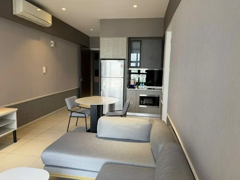 Living features: L-shape sectional sofa in grey, round dining table, 4 dining chairs, refrigerator, built-in oven, kitchen countertop, wall-mounted split AC, recessed downlights, light grey painted walls, tile flooring; style: modern.