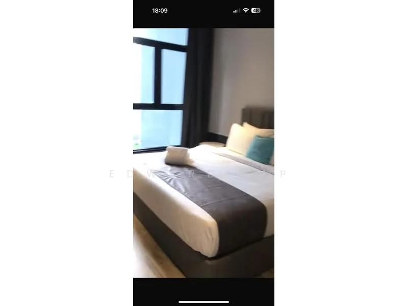 Bedroom features: king-size bed, upholstered headboard, white bedding, decorative throw pillow, floor-to-ceiling windows, curtains, wooden flooring, nightstand, table lamp; style: modern; view: city.