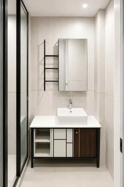Bathroom features: white ceramic sink, chrome faucet, mirror with frame, black metal shelving unit, white countertop, wooden cabinetry with black and white panels, tiled walls in light beige, glass shower enclosure, recessed lighting, light-colored floor tiles; style: modern.