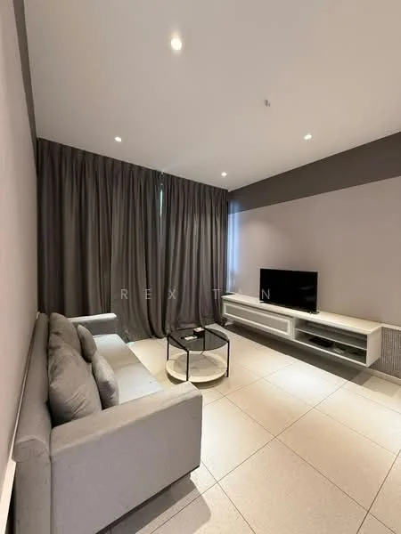 Living features: grey fabric sofa, round coffee table with black top, wall-mounted TV, white TV console, grey painted walls, recessed LED downlights, floor-to-ceiling curtains, large windows, tile flooring; style: modern.