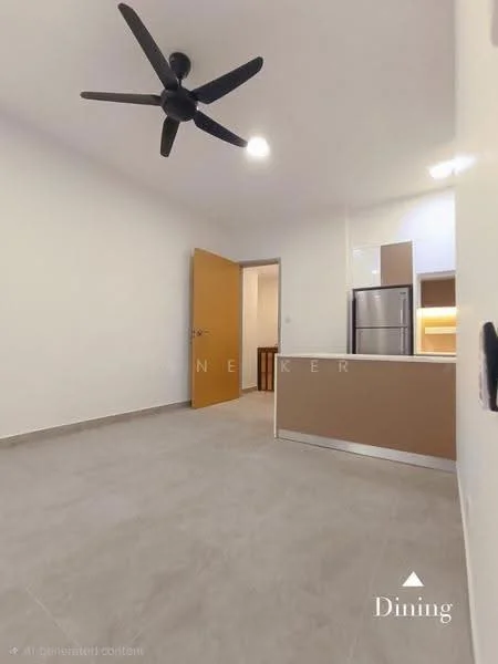 Dining features: grey tile flooring, white painted walls, 5-blade ceiling fan in black, wooden door, refrigerator, kitchen counter, open layout, natural light from window; style: modern.