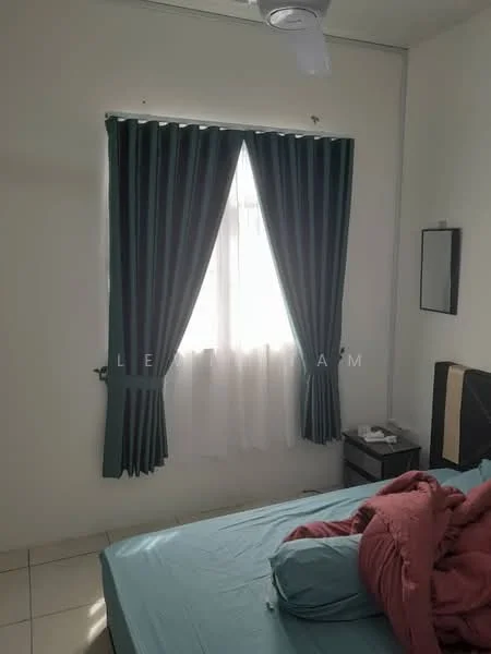Bedroom features: green curtains, white walls, window with natural light, queen-size bed, upholstered headboard, nightstand, bedding with red and blue colors, tile flooring, ceiling fan.