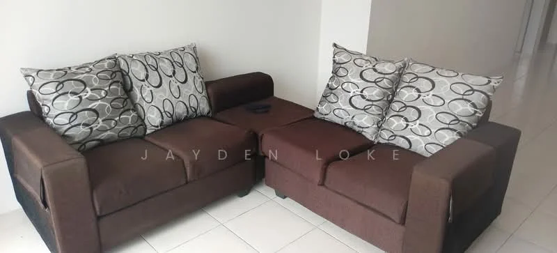 Living features: 2-seater fabric sofa in brown, 2-seater fabric sofa in grey with circular pattern cushions, white walls, glossy tile flooring, neutral decor, coffee table, remote control on table; style: modern.