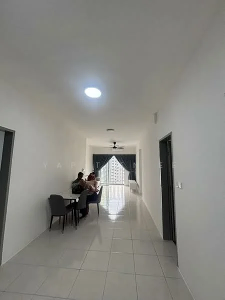 Room features: white painted walls, glossy ceramic tile flooring, recessed ceiling lights, ceiling fan, large windows with city view, dining table with chairs, open layout, neutral color scheme; style: modern; view: city.