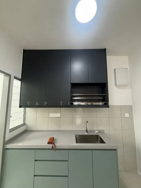 Kitchen features: grey cabinetry with flat-panel doors, black upper cabinets, grey countertop, stainless-steel single-bowl sink, chrome pull-down faucet, tile backsplash, built-in oven, recessed ceiling light, wall-mounted extractor hood, white walls, light grey floor tiles; style: modern.