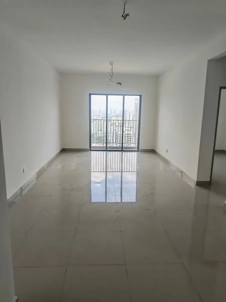 Living features: white painted walls, polished ceramic tile flooring, floor-to-ceiling windows, balcony access, city view, recessed ceiling lights, neutral color scheme, open layout; style: modern; view: city.