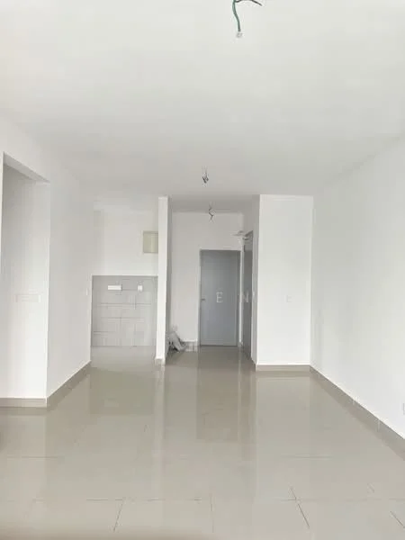 Room features: white painted walls, glossy ceramic tile flooring, recessed downlights, open layout, single door, kitchenette area with tiled backsplash, neutral color scheme, no visible furniture or decor; style: modern.