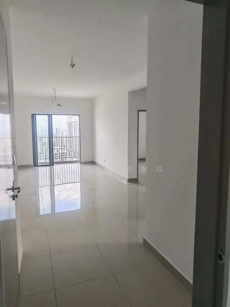 Room features: white painted walls, glossy tile flooring, floor-to-ceiling windows, sliding glass door, city view, recessed ceiling lights, mirror on wall, open layout; style: modern; view: city.
