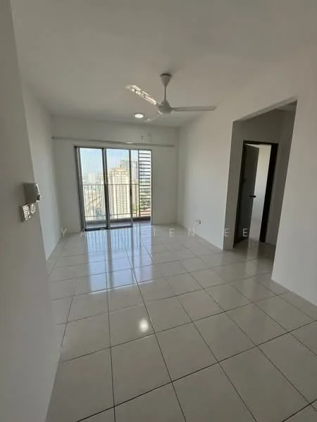 Living features: white painted walls, glossy ceramic tile flooring, 5-blade ceiling fan with light, floor-to-ceiling windows, sliding glass door, city view, recessed downlights, natural light from windows; style: modern; view: city.
