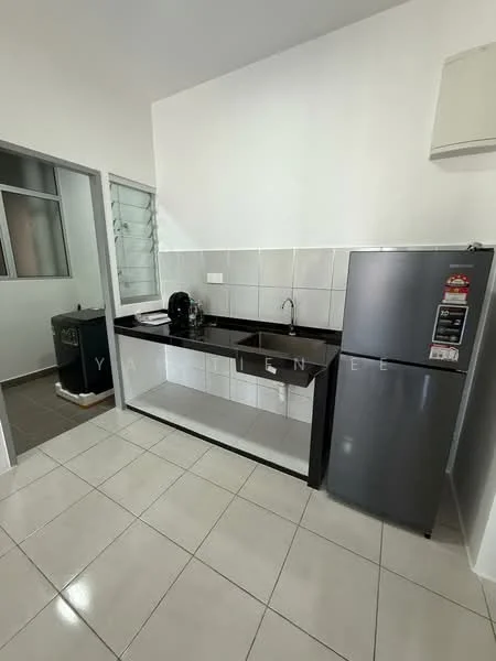 Kitchen features: black granite countertop, white tiled backsplash, single-bowl stainless-steel sink, chrome pull-down faucet, stainless-steel fridge, built-in cabinetry, white painted walls, ceramic tile flooring, window with glass panes, kitchen appliances visible; style: modern.