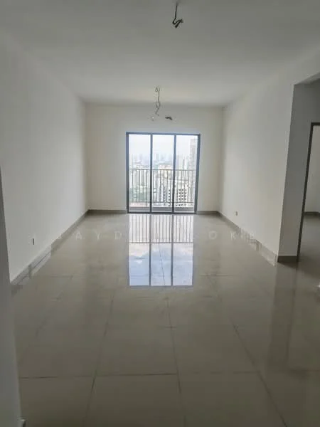 Living features: white painted walls, polished ceramic tile flooring, floor-to-ceiling windows, balcony access, recessed downlights, neutral color scheme; style: modern; view: city.